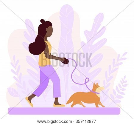 Happy African-american Woman Walking With Dog Corgi. Spring Illustration For Creating A Romantic Moo