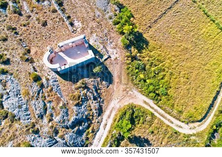 Saint Lovre Church Ruin In Vrsi Aerial View, Stone Desert Of Zadar Archipelago Of Croatia
