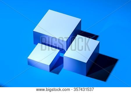 Blue Blank Foursquare Showcases With Empty Space On Blue Background. 3d Rendering. Minimalism Concep