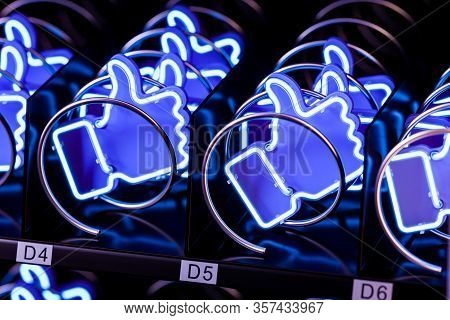 Blue Thumbs Up Icons, Likes Icon In Modern Vending Machine. Selling And Buying Love, Friendship And 