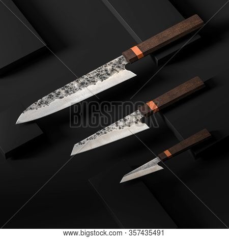 Set Of High Quality Japanese Knifes On Dark Minimalistic Background. Damascus Steel Chef Knife. 3d R