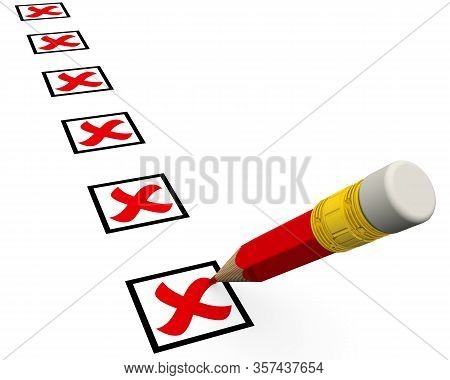 Checklist  With Pencil Checking Off Tasks. A Lot Of Red Check Mark Symbols In Checkboxes And A Detai