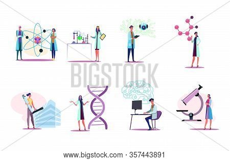 Men And Women In White Coats Working In Lab Set. Doing Research, Standing Near Molecule Model, Micro