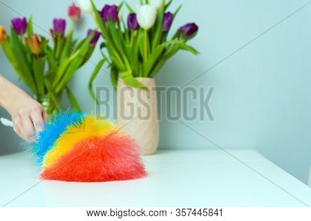 Housewife Wipes Dust With A Dust Brush During Spring Cleaning At Home. Household Chores And Housekee
