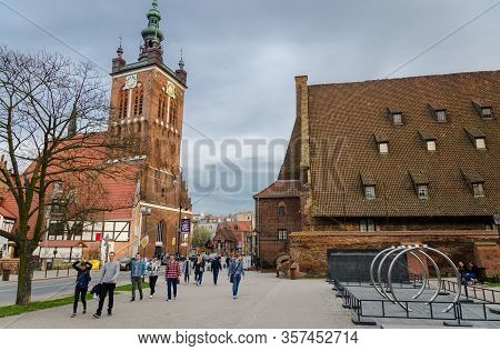 Gdansk, Poland, April 15, 2018: St. Catherine Parish Protestant Roman Catholic Church With Tower Clo