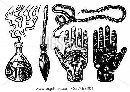 Mystical Magic Boho Elements. Witchcraft Astrological Set. Esoteric Alchemy Occult Sketch For Tattoo