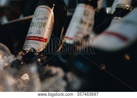 Sochi, Russia - March 18, 2020: Bitburger Beer Bottles In A Bucket With Ice During A Catering Event.