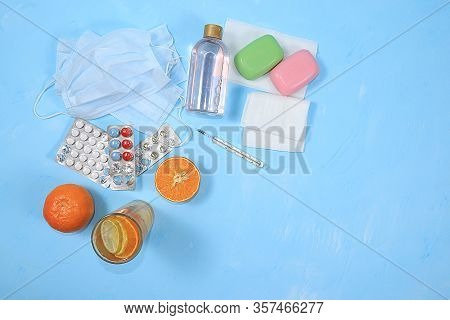 Hand Sanitizer Bottles, Medical Masks And Folk Immunostimulants, Vitamins. The Concept Of Coronaviru