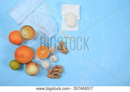 Hand Sanitizer Bottles, Medical Masks And Folk Immunostimulants, Vitamins. The Concept Of Coronaviru