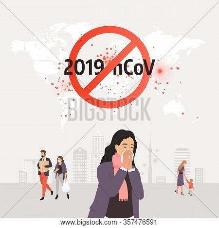 Stop Coronavirus. Vector Illustration. Infected Man Sneezing Into A Handkerchief. Coronavirus Icon W
