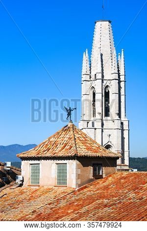 Belltower Of Basilica Of Sant Feliu In Girona, Catalonia, Spain