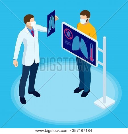 Isometric Doctor Is Watching An X-ray Of The Patient S Lungs. Pneumonia Test, Radiography