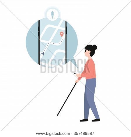 Blind Woman Holding Stick. Mobile Application Assistant For Blind People. Disabled Female With Blind