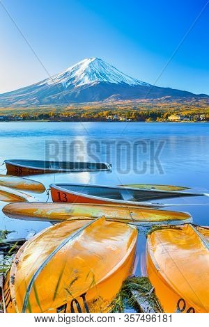Asian Travel Destinations. Renowned  Attractive Fuji Mountain Near Kawaguchiko Lake In Japan With Li