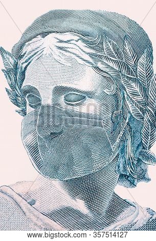 One Hundred Reais Bill With Disposable Medical Mask. Concept Of The Coronavirus Epidemic In Brazil.