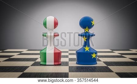 chess pawns with Italian and European flag. concept of challenge and conflict. separation italy exit. European economic and political crisis. 3d render