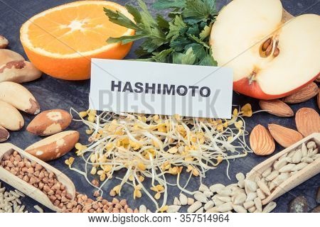 Inscription Hashimoto With Nutritious Natural Products And Ingredients Containing Vitamins For Healt