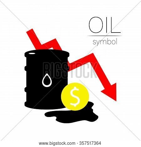 Vector Sign Of Oil. Statistics Dollar Down, Global Financial Crisis. Black Symbol Petroleum Isolated
