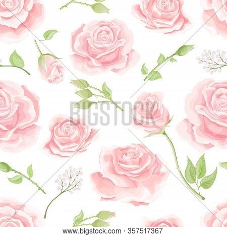 Seamless Pattern With Cream Pink Roses. Vintage Floral Background