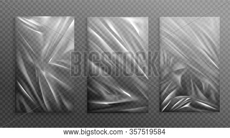 Stretched Cellophane Banner, Realistic Crumpled Or Folded Texture Vector Illustration. Clear Transpa