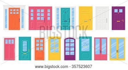 Front Door. Vector. Set House Doors In Flat Design Isolated On White Background. Cartoon Illustratio