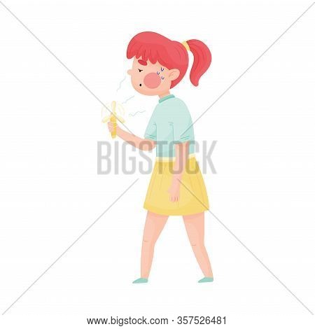 Red-haired Girl Using Fan Because Of Hot Weather Vector Illustration