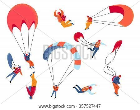 Set Of Different Skydivers Characters Flying With Parachutes. Vector Illustration In Flat Cartoon St