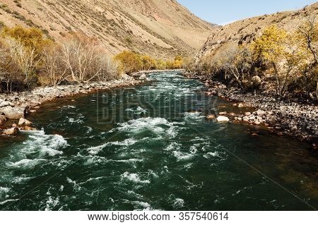 Kokemeren River, Stormy Mountain River In The Naryn Region Of Kyrgyzstan