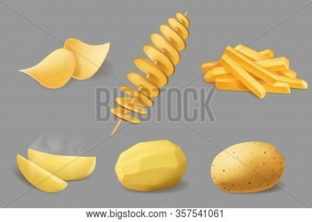 Potato Vegetable Food Realistic Design Of Vector Potato Chips, French Fries And Fried Tornado Swirls