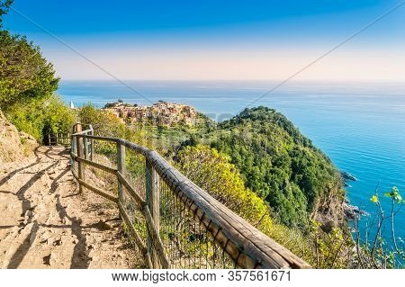 Corniglia, Cinque Terre - Hiking Trail Near Beautiful Village With Colorful Buildings On The Cliff O