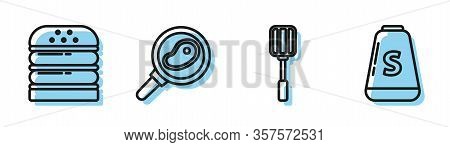 Set Line Spatula, Burger, Steak Meat In Frying Pan And Salt Icon. Vector
