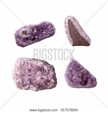 Set Amethyst Stones With Crystals. Purple Color Rocks Slice Stock Photo Isolated On White Background