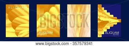 Metallic Gold Yellow Liquid Texture For Foil Label. Vintage Cosmic Design. Fluid Minimal Cover. Set 