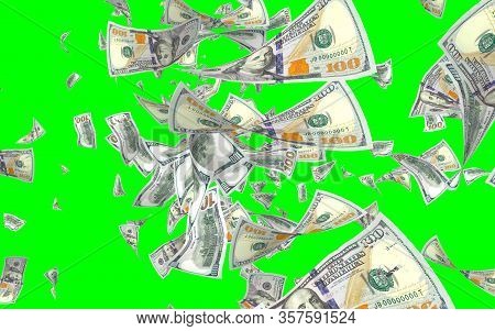 Flying Dollars Banknotes Isolated On Chromakey. Money Is Flying In The Air. 100 Us Banknotes New Sam