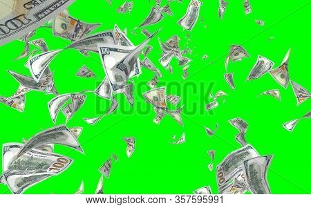 Flying Dollars Banknotes Isolated On Chromakey. Money Is Flying In The Air. 100 Us Banknotes New Sam