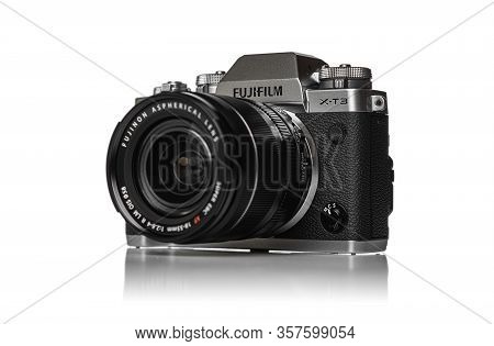 Uzhgorod, Ukraine - March 25, 2020: The Fujifilm X-t3 On White Background. The Fujifilm X-t3 Is A We