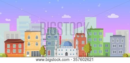 Church In City Christian Building Landscape Cartoon Vector Illustration For Religion Architecture. C