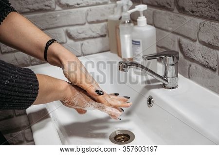 Hand Hygiene. How To Wash Your Hands With Soap And Water. Women Washing Hands With Antibacterial Soa