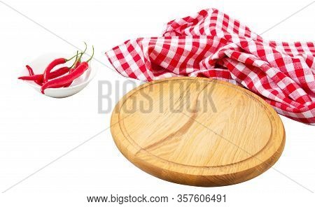 Empty Round Wooden Board And Checkered Tablecloth Isolated Over White Background Top View, Empty Woo