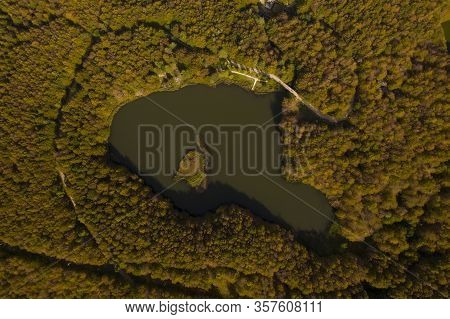 Photo Taken From Above Over The Lake Pranda In The Cerreto Laghi Resort Illuminated By The Sun Of An