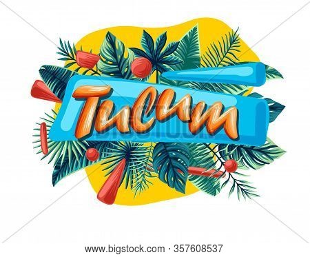 Tulum Tropical Leaves Bright Banner Orange Letters