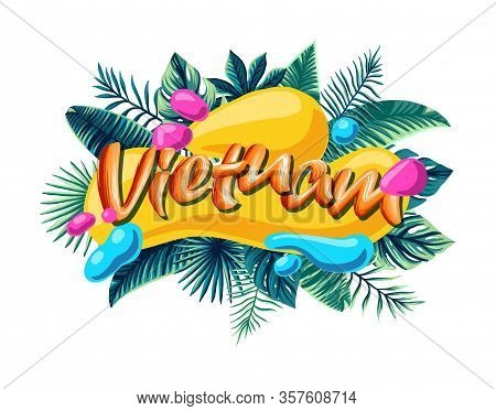 Vietuam Tropical Leaves Bright Banner Orange Letters