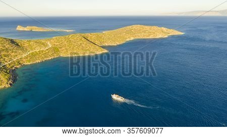 Aerial View Of A Pleasure Boat With Tourists. Elounda, Crete, Greece
