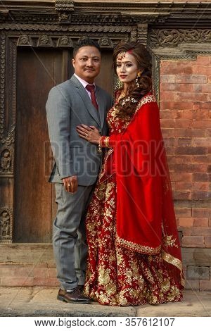 Wedding Couple With Traditional Clothes At Bhaktapur On Nepal