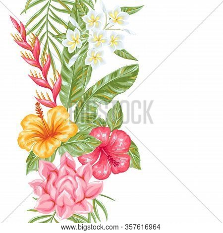 Seamless Pattern With Tropical Flowers And Leaves. Decorative Exotic Foliage, Palms And Plants.