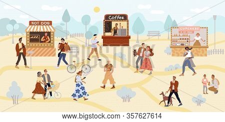 Vector Illustration Of Human Crowd Walking Park. Various People At Park Leisure Outdoor Activities. 