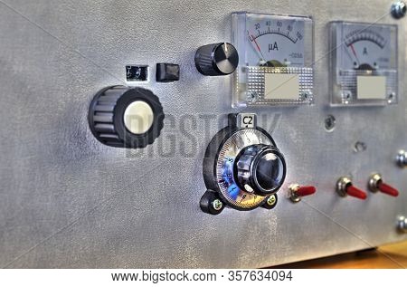 Front Panel Of A High Frequency Power Amplifier With Vacuum Tubes Close Up View
