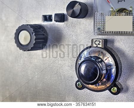 Front Panel Of A High Frequency Power Amplifier With Vacuum Tubes Close Up View