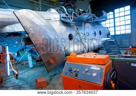 Tyumen, Russia - June 5, 2019: Aircraft Repair Helicopter Utair Engineering Plant. Mi-8 Helicopter D