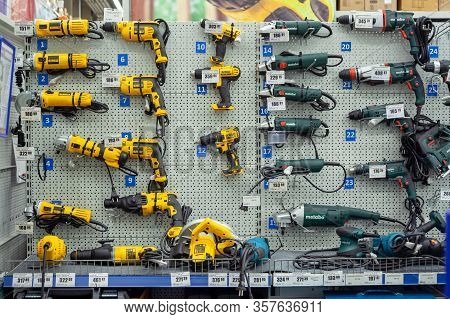 Minsk, Belarus - March 22, 2020: Large Selection Electric Industrial Tools Of Various Manufacturers 